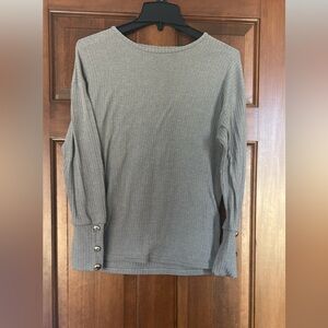 Gray Ribbed Long Sleeve Top with Button Accents